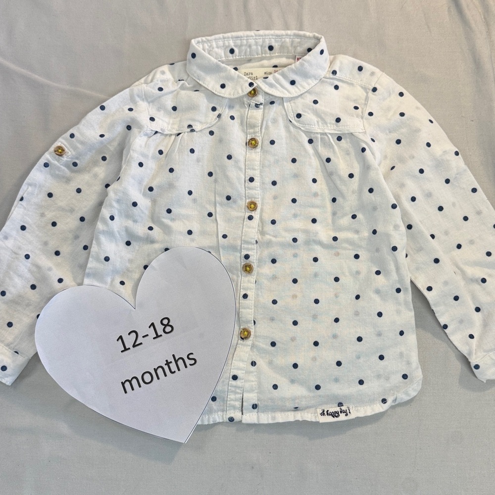 Zara White and Blue Button Down Shirt with Polka Dots